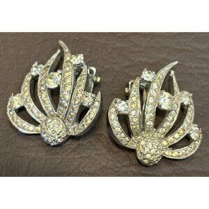 Panetta Signed Vintage Silver Tone Crystal Rhinestone Clip‎ Earrings